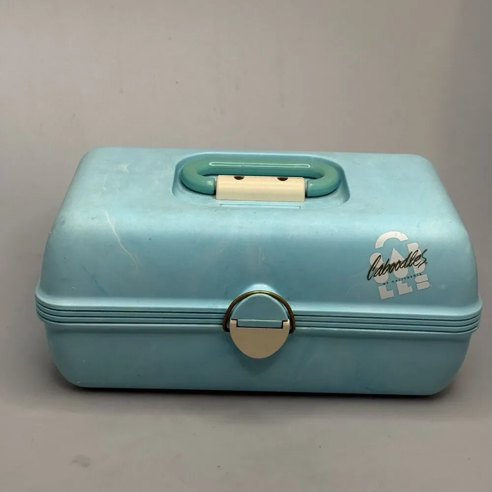 Caboodles Vintage 90s Makeup Case Blue Marble 2 Tier Tray Mirror GUC
